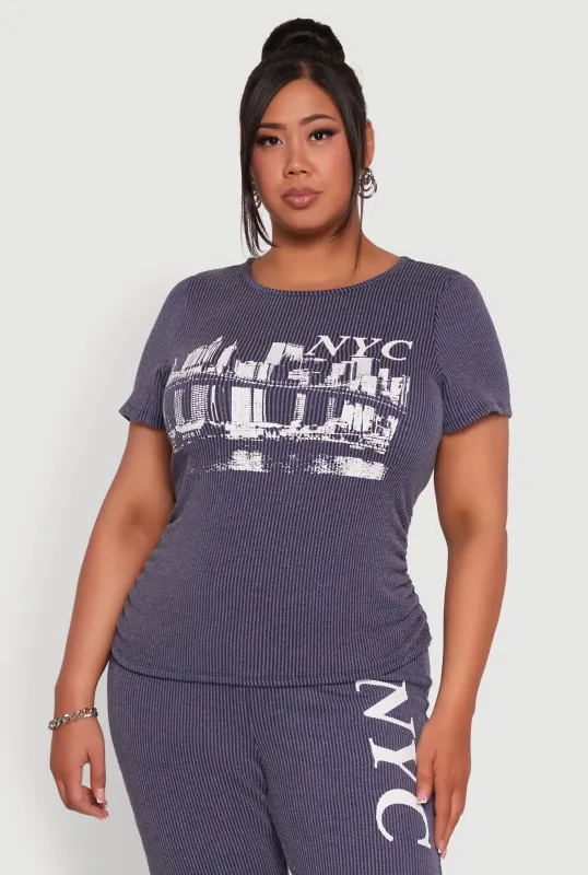 Plus Size Ribbed Knit NYC Bridge Graphic Tee sold by Rainbow