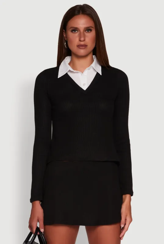 Shirt Collar Layered Look Sweater sold by Rainbow