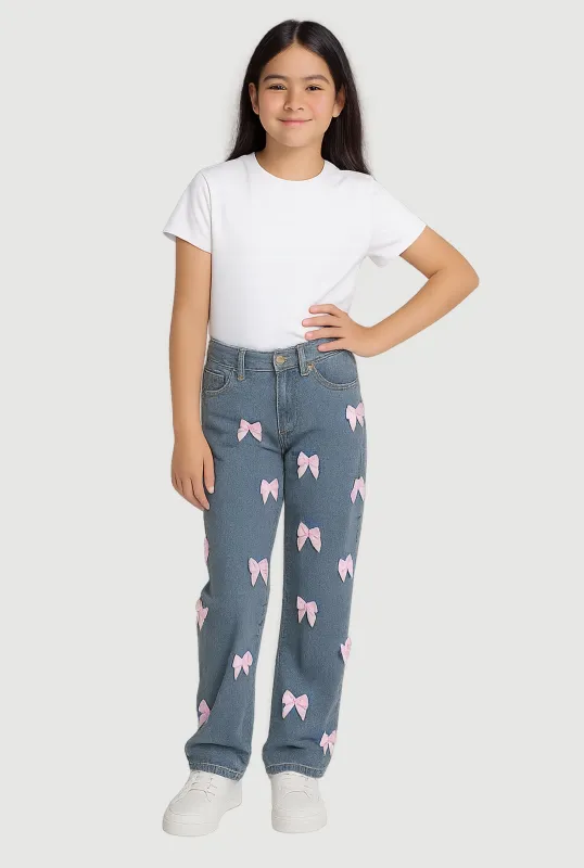Girls Mineral Wash Bow Detail Straight Leg Jeans sold by Rainbow
