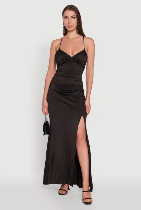 Haute Monde Side Slit Lace Up Back Maxi Dress sold by Rainbow