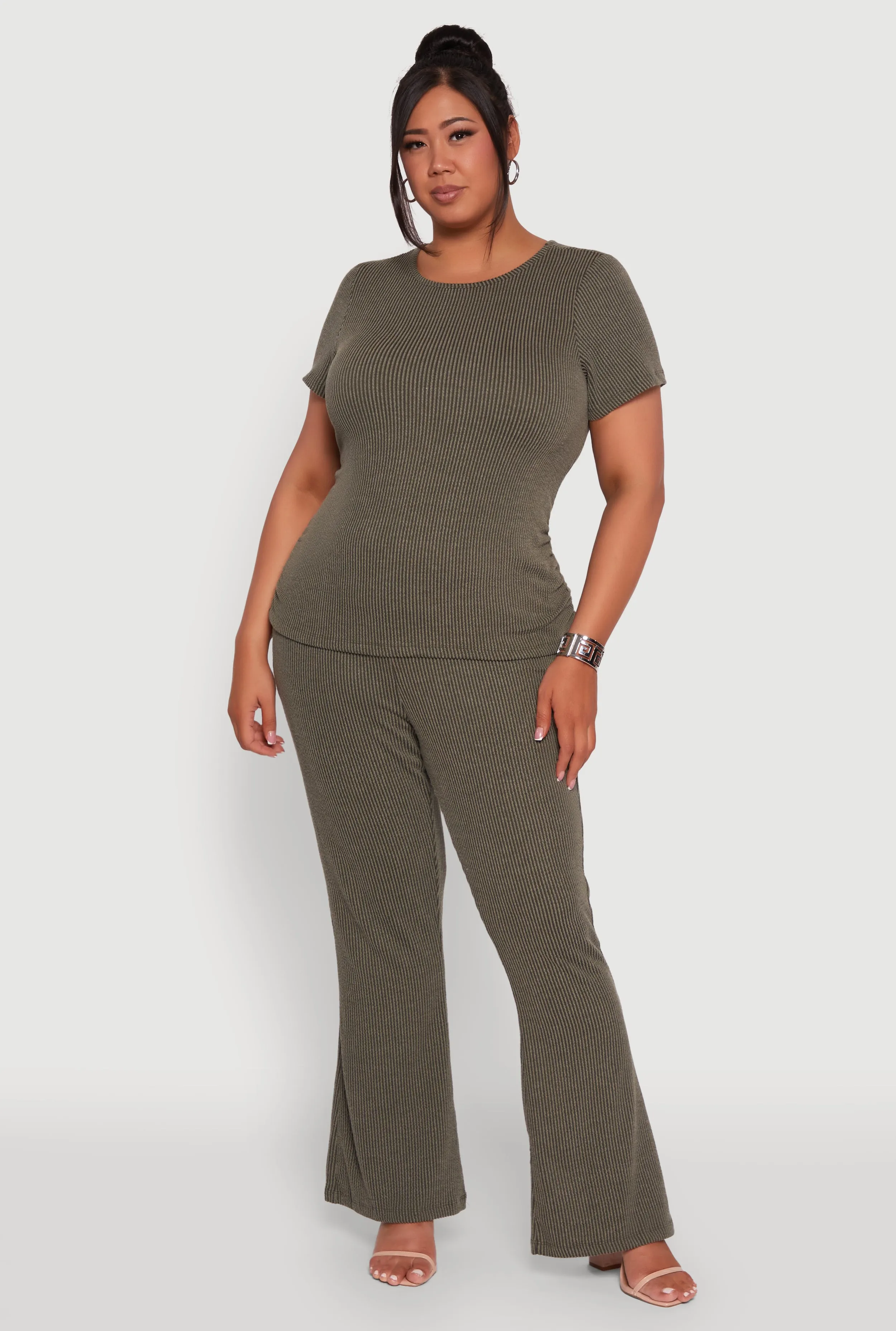 Plus Size High Waisted Ribbed Knit Flare Leg Pants sold by Rainbow