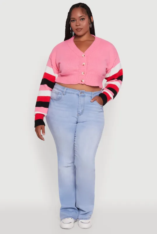 Plus Size Daisy Color Block Stripe Sleeve Cropped Cardigan sold by Rainbow