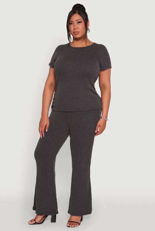 Plus Size High Waisted Ribbed Knit Flare Leg Pants sold by Rainbow