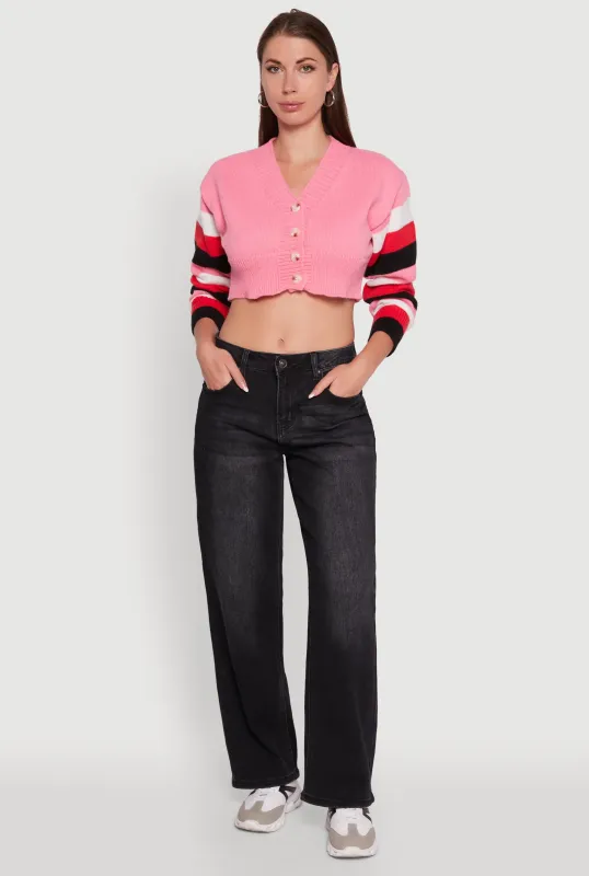 Daisy Color Blocked Striped Sleeve Cropped Cardigan sold by Rainbow