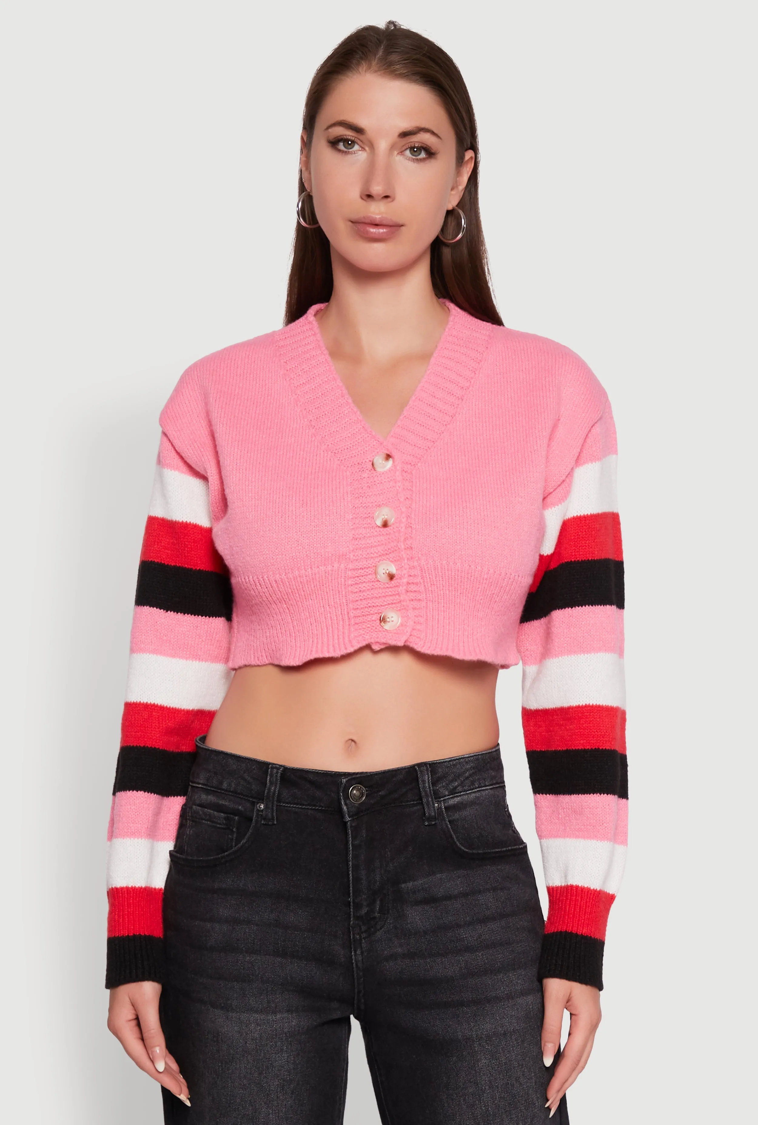Daisy Color Blocked Striped Sleeve Cropped Cardigan sold by Rainbow product image thumbnail 2