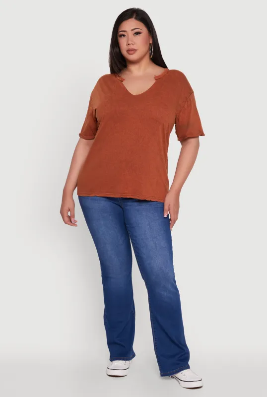 Plus Size Basic Fixed Cuff Notch Neck Tee sold by Rainbow