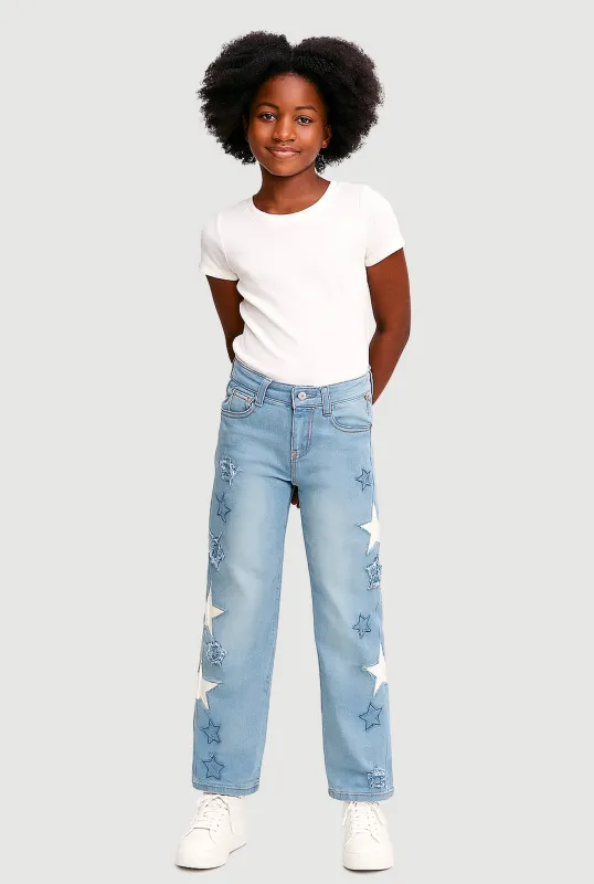 Girls Mid Rise Straight Leg Jeans with Star Stitching sold by Rainbow