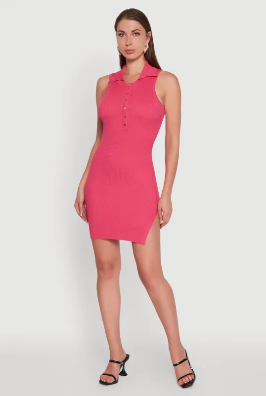 Trendy Ribbed Knit Sleeveless Collared Bodycon Dress sold by Rainbow