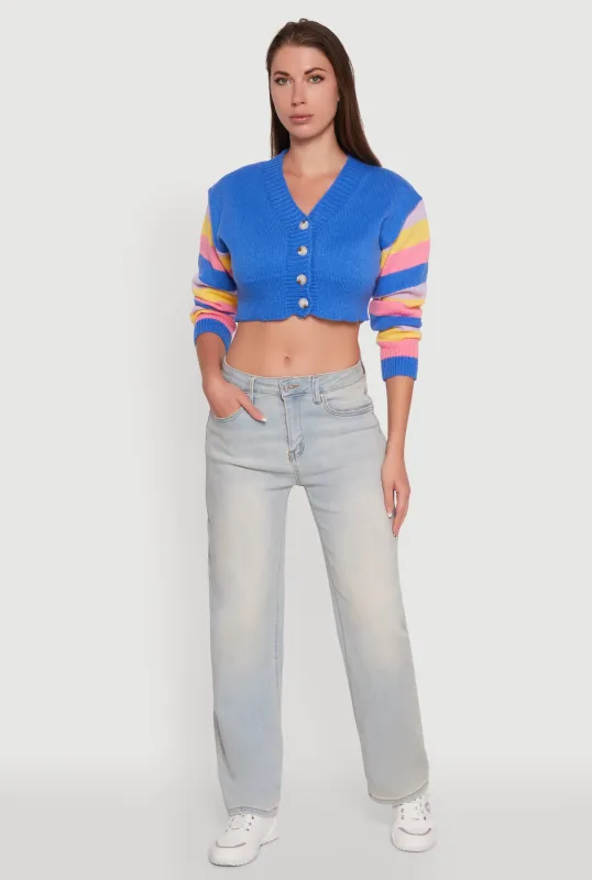 Daisy Color Blocked Striped Sleeve Cropped Cardigan sold by Rainbow