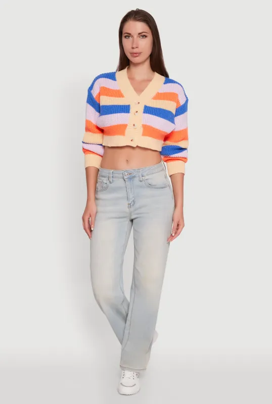 Daisy Striped V-Neck Button Front Cropped Cardigan sold by Rainbow