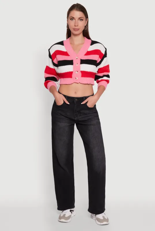 Daisy Striped V-Neck Button Front Cropped Cardigan sold by Rainbow