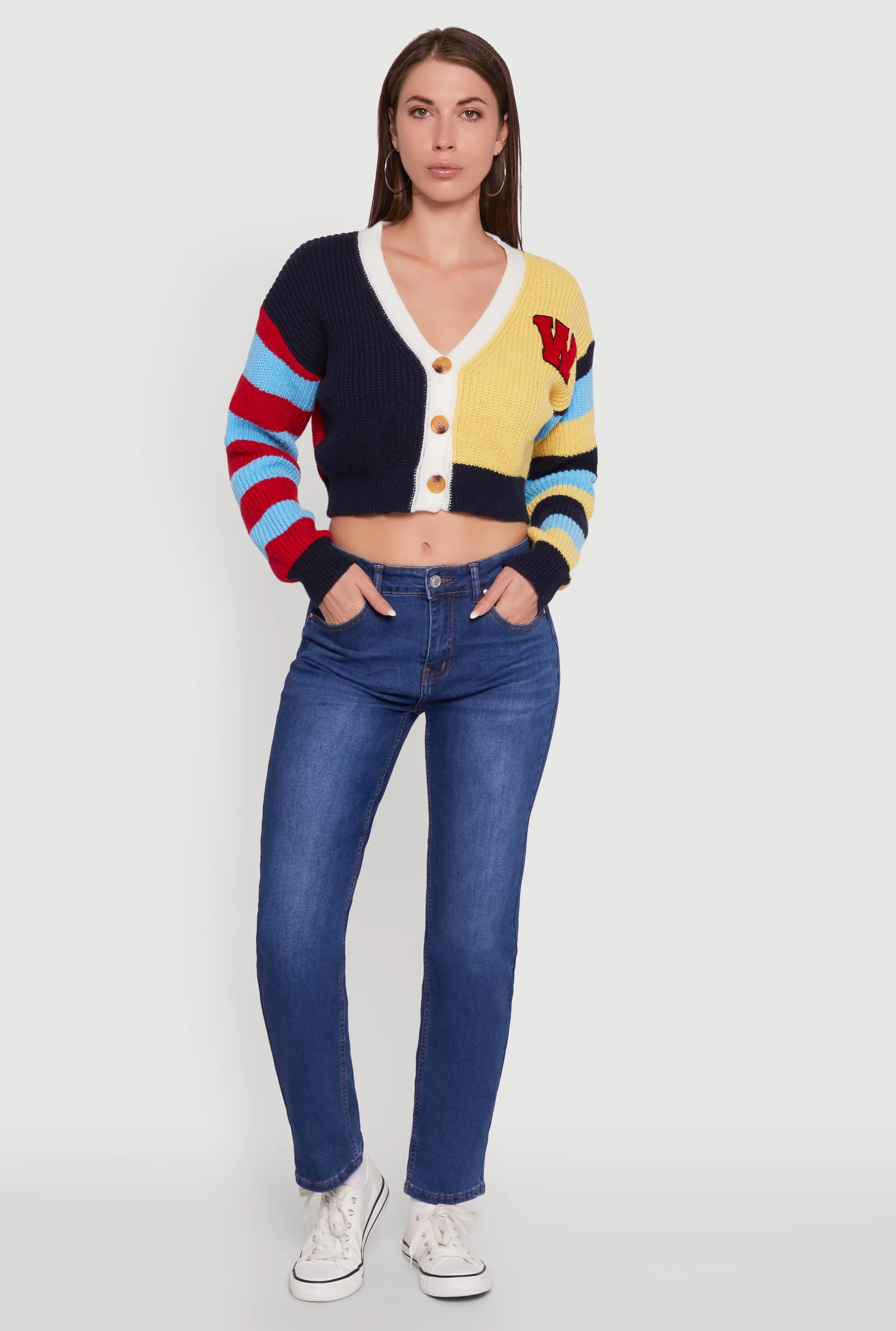 Daisy Color Block Patch Cropped Button Front Cardigan sold by Rainbow