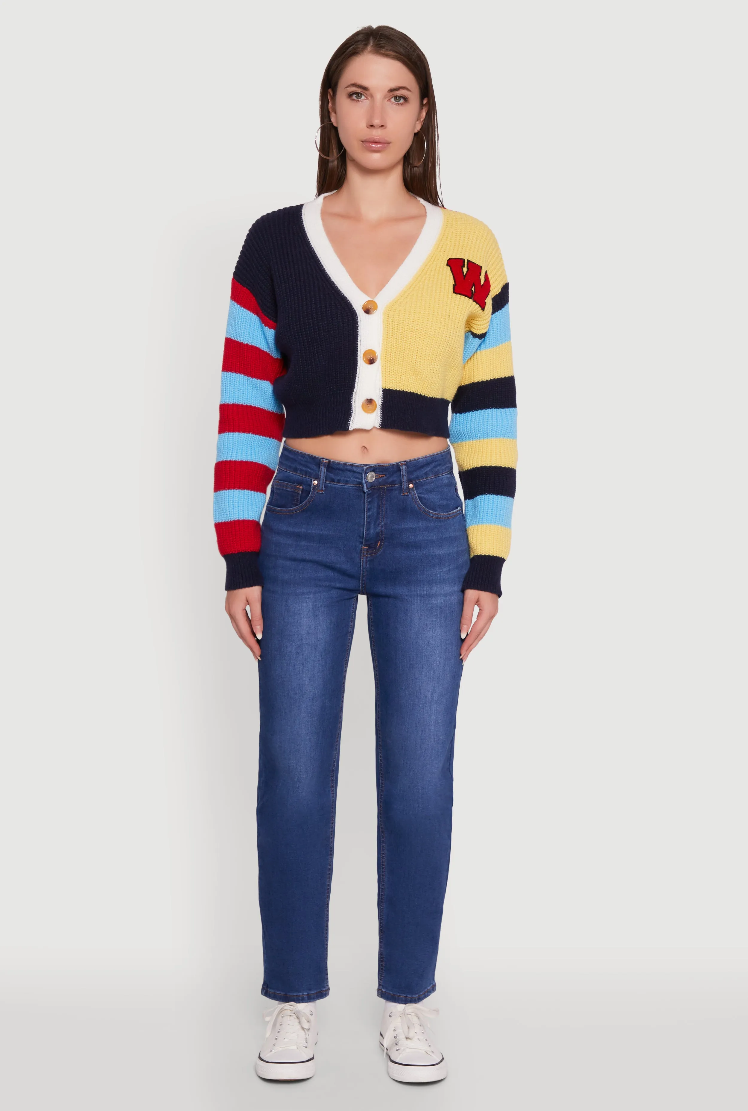 Daisy Color Block Patch Cropped Button Front Cardigan sold by Rainbow product image thumbnail 3