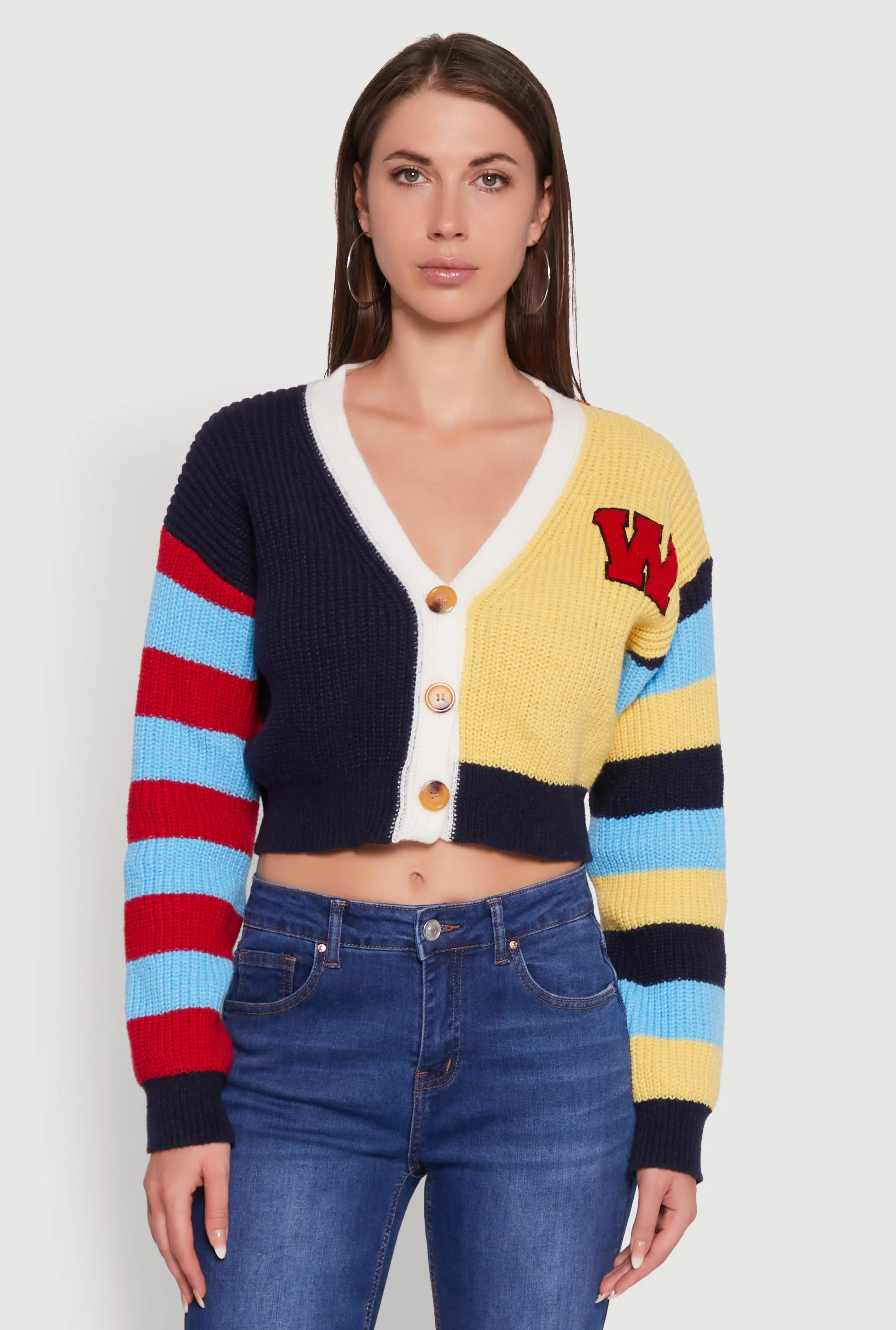 Daisy Color Block Patch Cropped Button Front Cardigan sold by Rainbow product image thumbnail 2