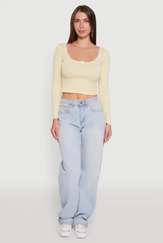 Lace Detail Scoop Neck Long Sleeve Crop Top sold by Rainbow