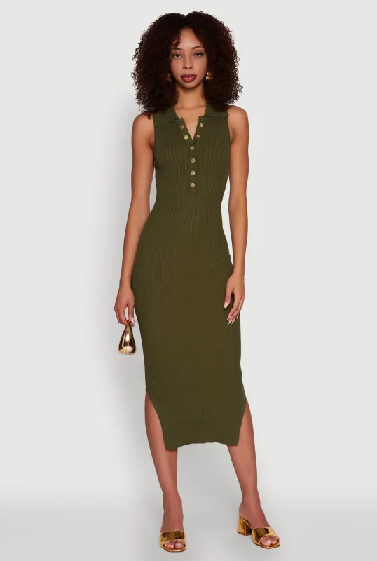 Ribbed Knit Sleeveless Midi Dress with Collar and Side Slit sold by Rainbow