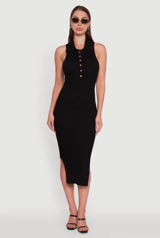 Ribbed Knit Sleeveless Midi Dress with Collar and Side Slit sold by Rainbow