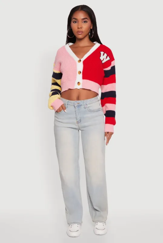 Daisy Color Block Patch Cropped Button Front Cardigan sold by Rainbow