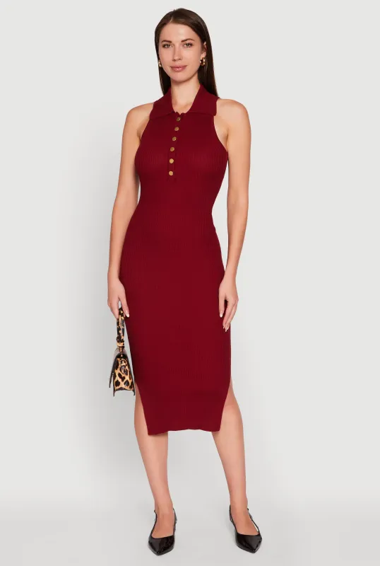 Ribbed Knit Sleeveless Midi Dress with Collar and Side Slit sold by Rainbow