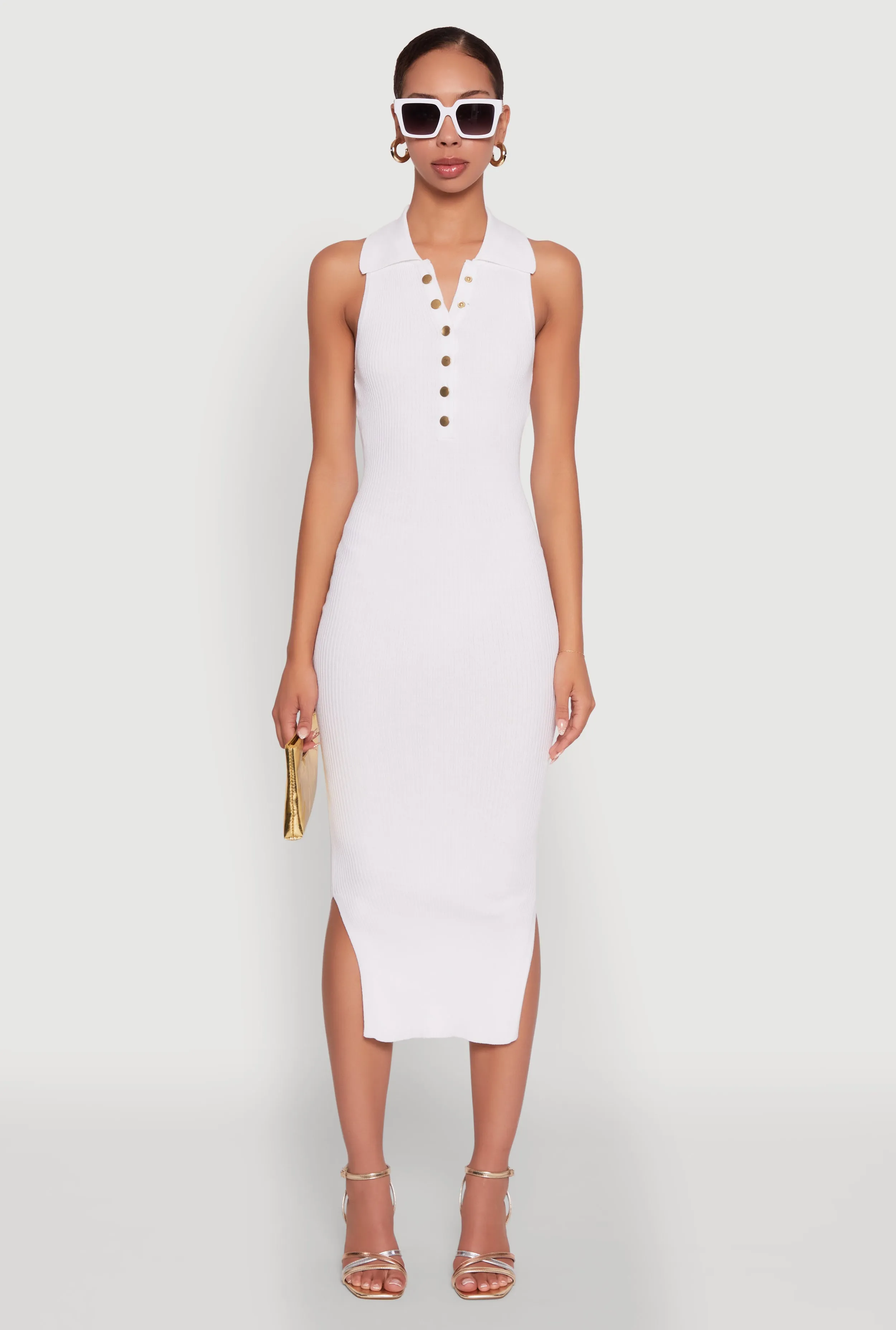 Ribbed Knit Sleeveless Midi Dress with Collar and Side Slit sold by Rainbow product image thumbnail 2