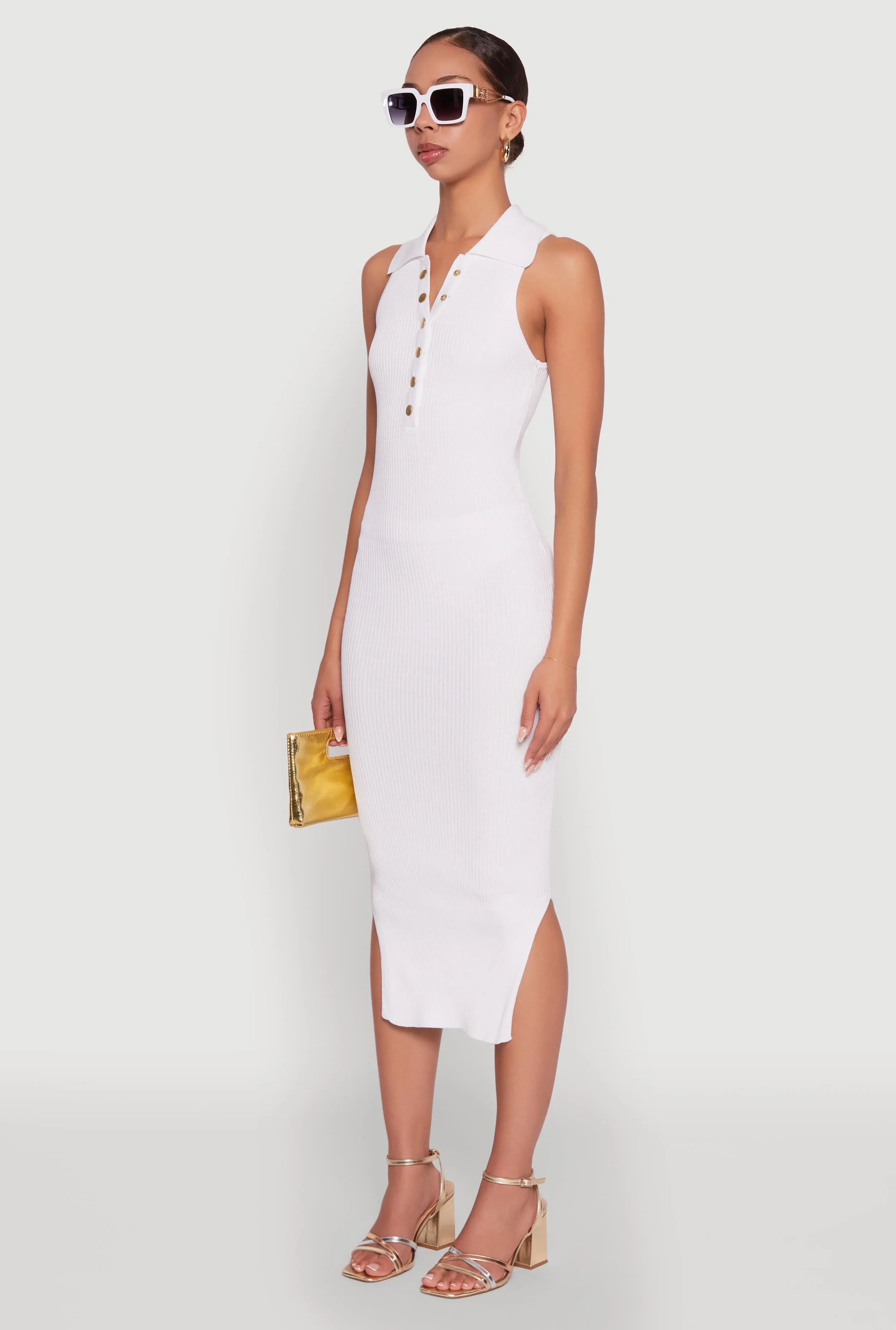 Ribbed Knit Sleeveless Midi Dress with Collar and Side Slit sold by Rainbow product image thumbnail 3