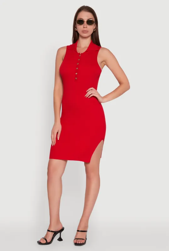 Trendy Ribbed Knit Sleeveless Collared Bodycon Dress sold by Rainbow