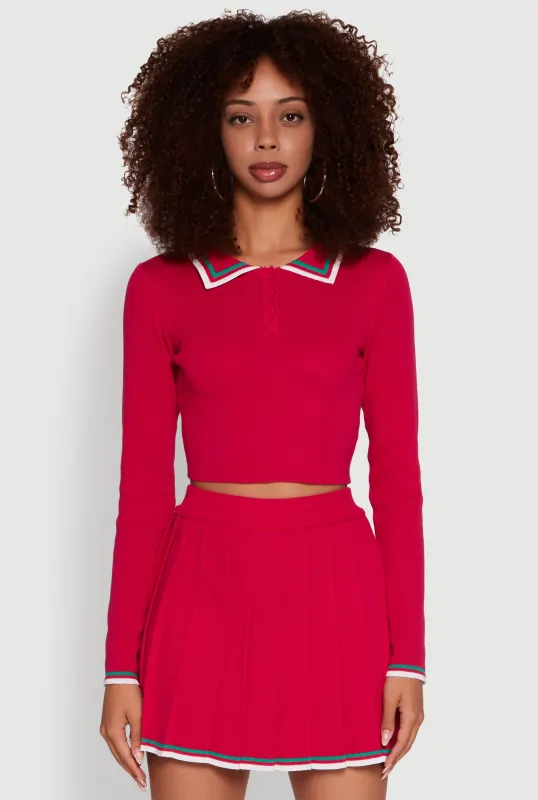 Daisy Contrast Trim Cropped Long Sleeve Polo Shirt sold by Rainbow