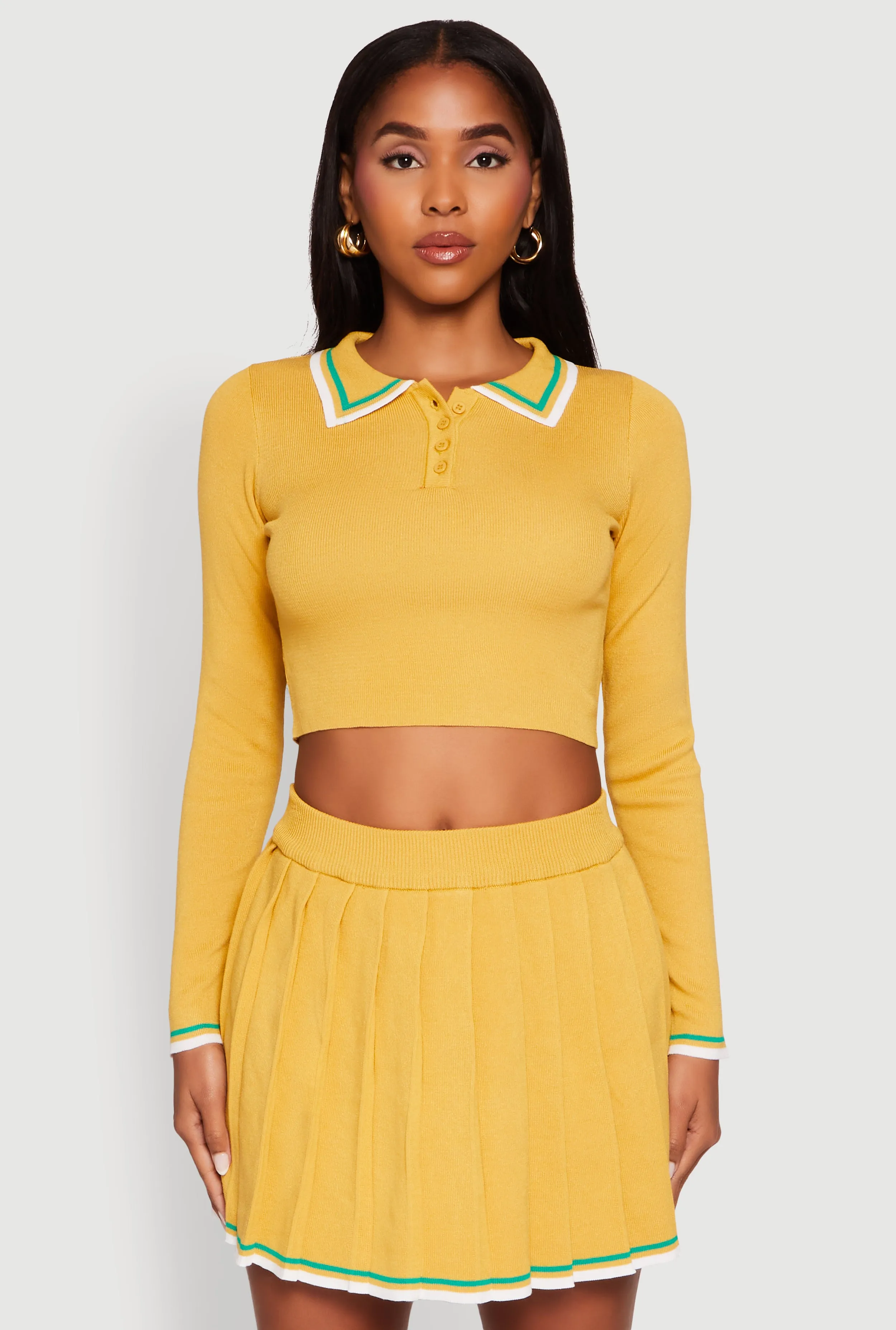 Daisy Contrast Trim Cropped Long Sleeve Polo Shirt sold by Rainbow