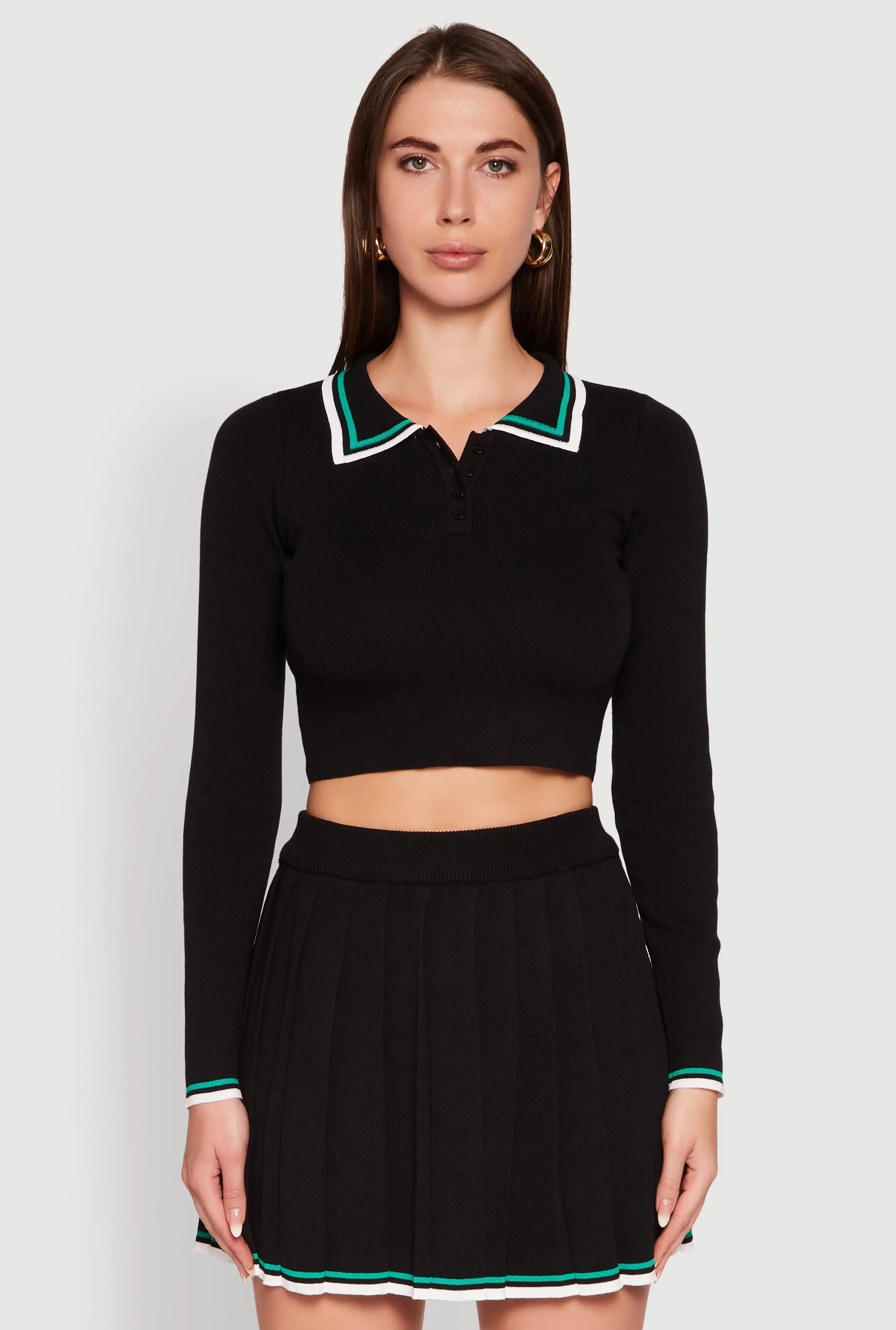 Daisy Contrast Trim Cropped Long Sleeve Polo Shirt sold by Rainbow