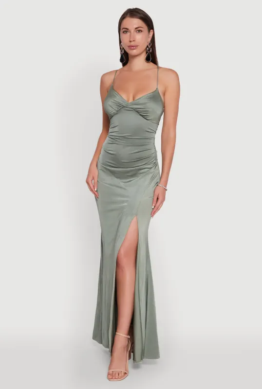 Haute Monde Side Slit Lace Up Back Maxi Dress sold by Rainbow