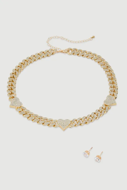 Cubic Zirconia Heart Chain Choker and Stud Earrings sold by Rainbow