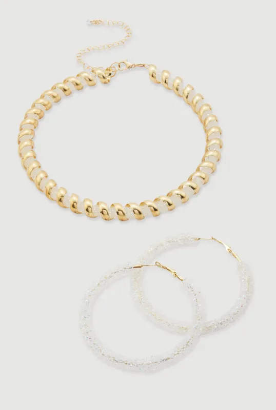 Metallic Coiled Encrusted Necklace with Hoop Earrings sold by Rainbow
