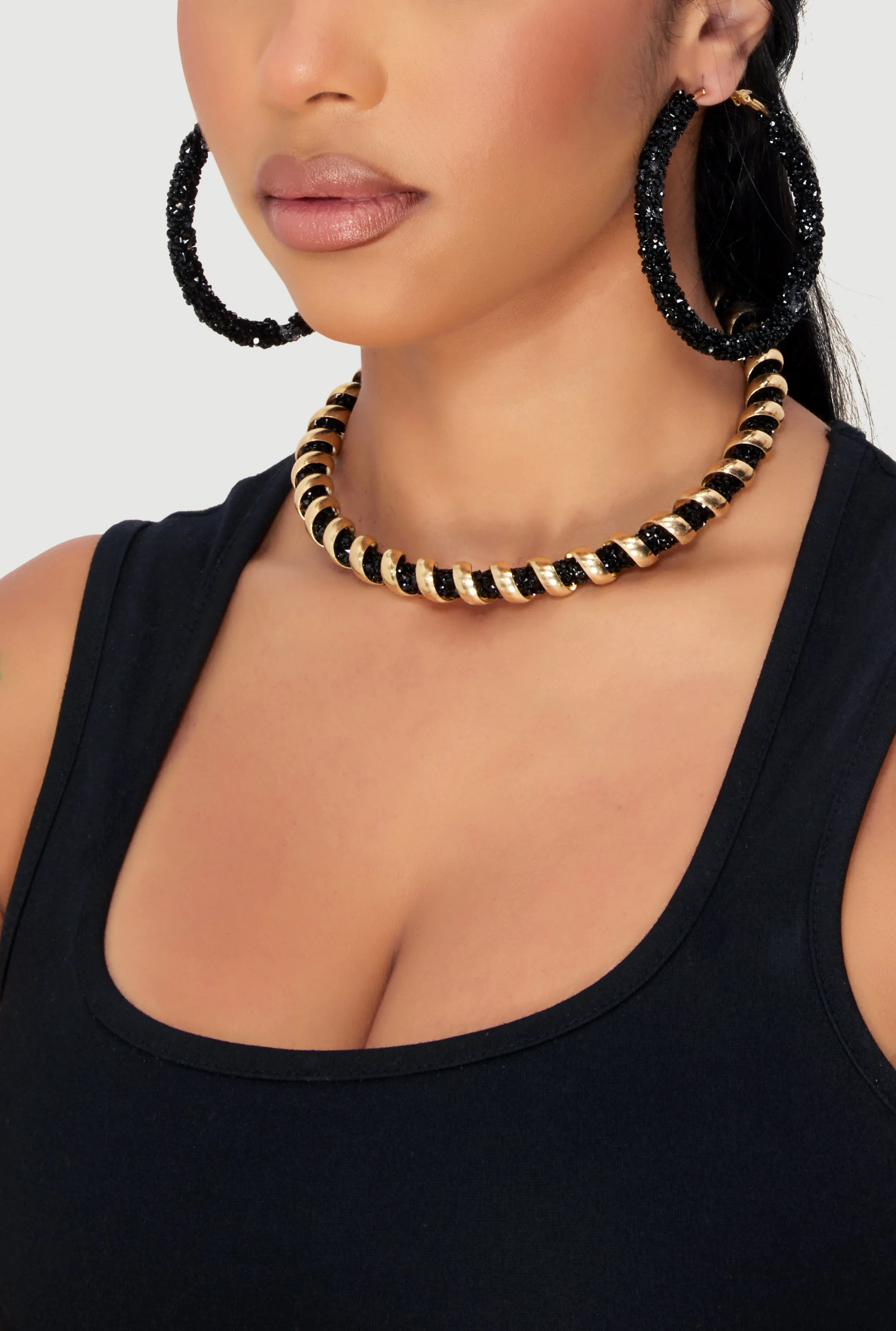 Metallic Coiled Encrusted Necklace with Hoop Earrings sold by Rainbow product image thumbnail 2