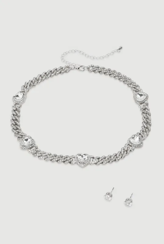 Cubic Zirconia Heart Rhinestone Chain Necklace with Earrings sold by Rainbow