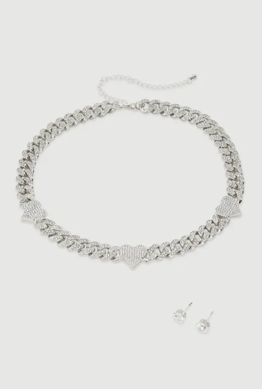 Cubic Zirconia Heart Chain Choker and Stud Earrings sold by Rainbow