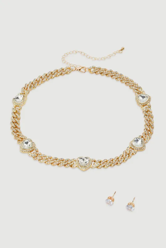 Cubic Zirconia Heart Rhinestone Chain Necklace with Earrings made by Rainbow