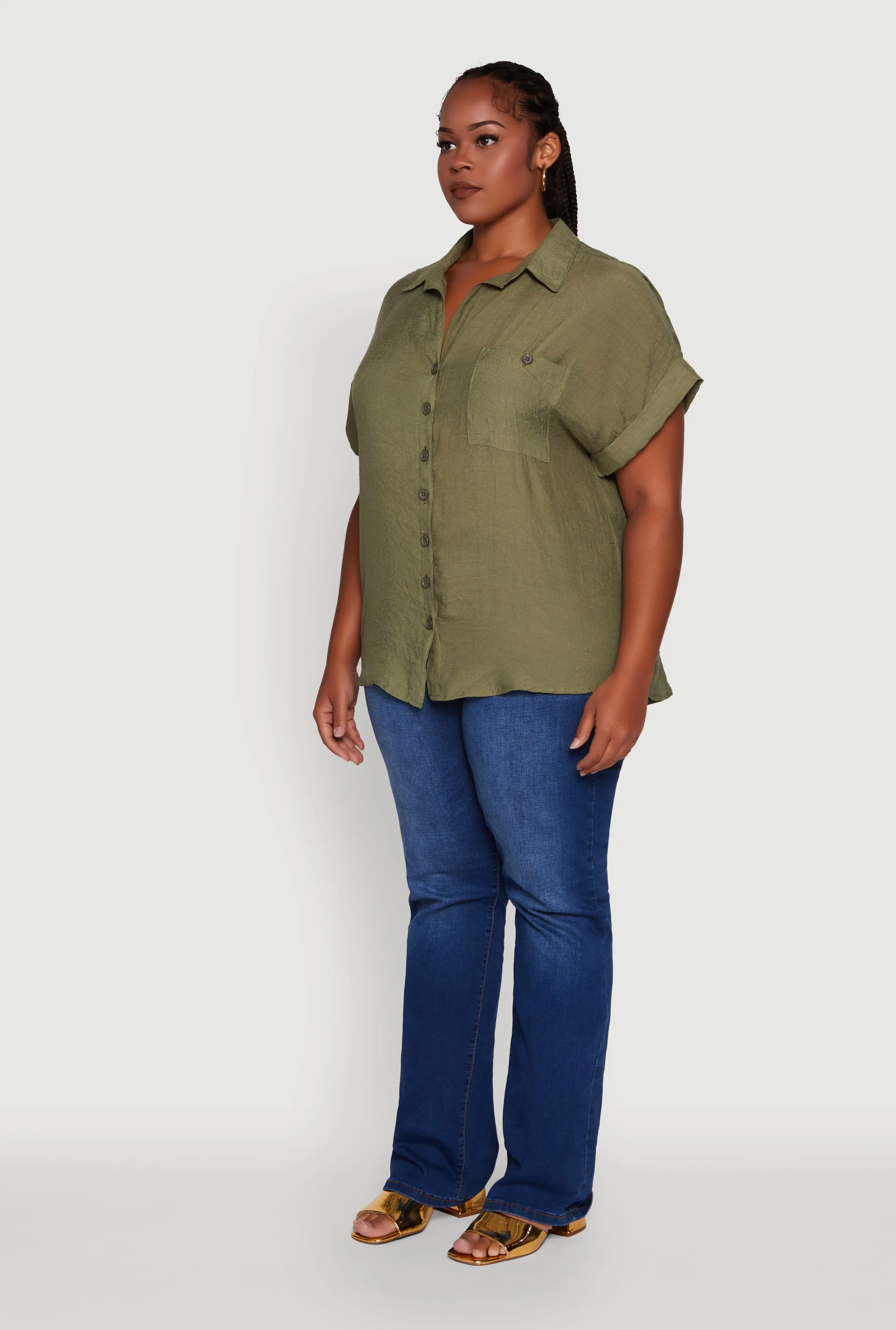 Plus Size Gauze Knit Button Front Dolman Sleeve Shirt sold by Rainbow product image thumbnail 5