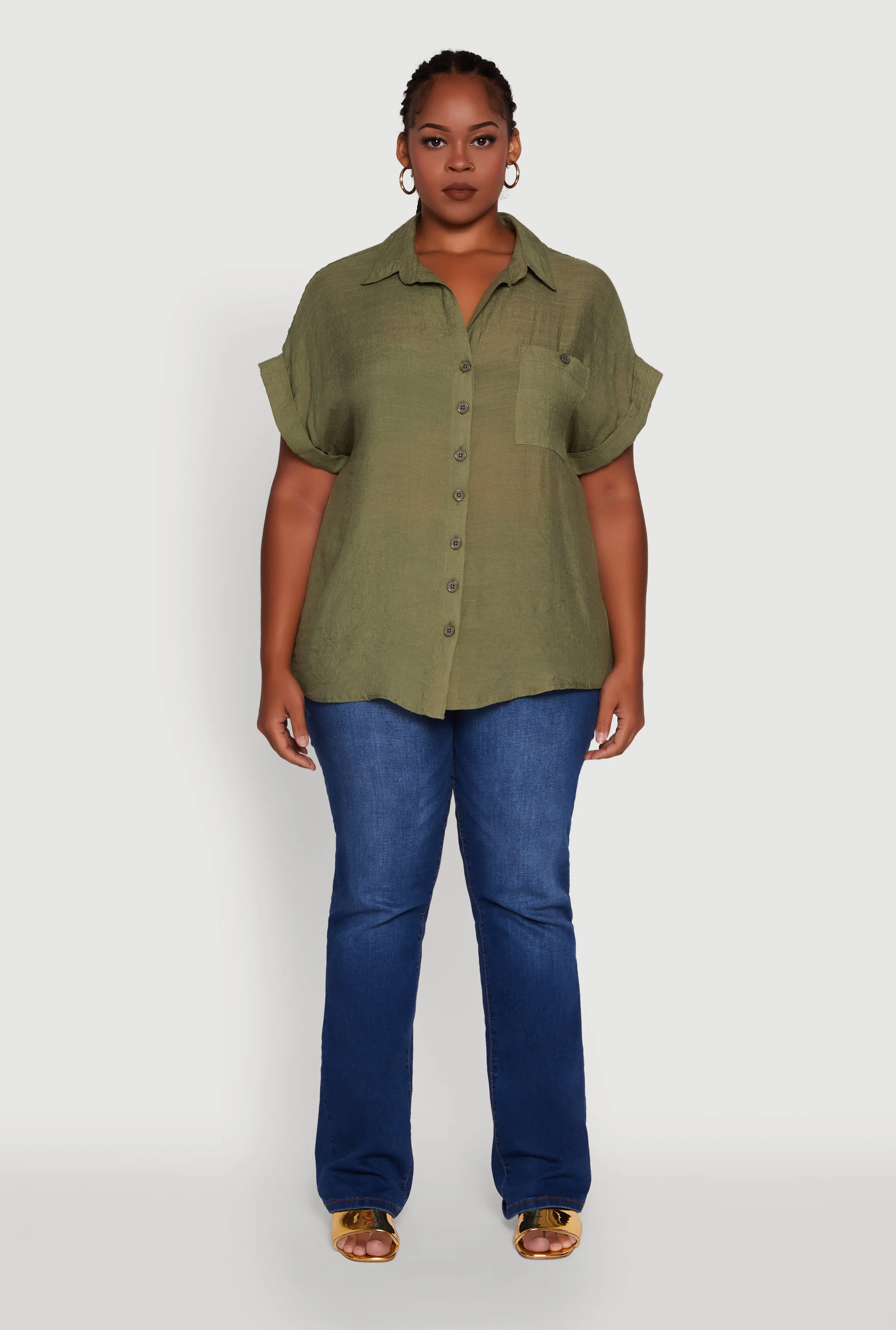 Plus Size Gauze Knit Button Front Dolman Sleeve Shirt sold by Rainbow product image thumbnail 3