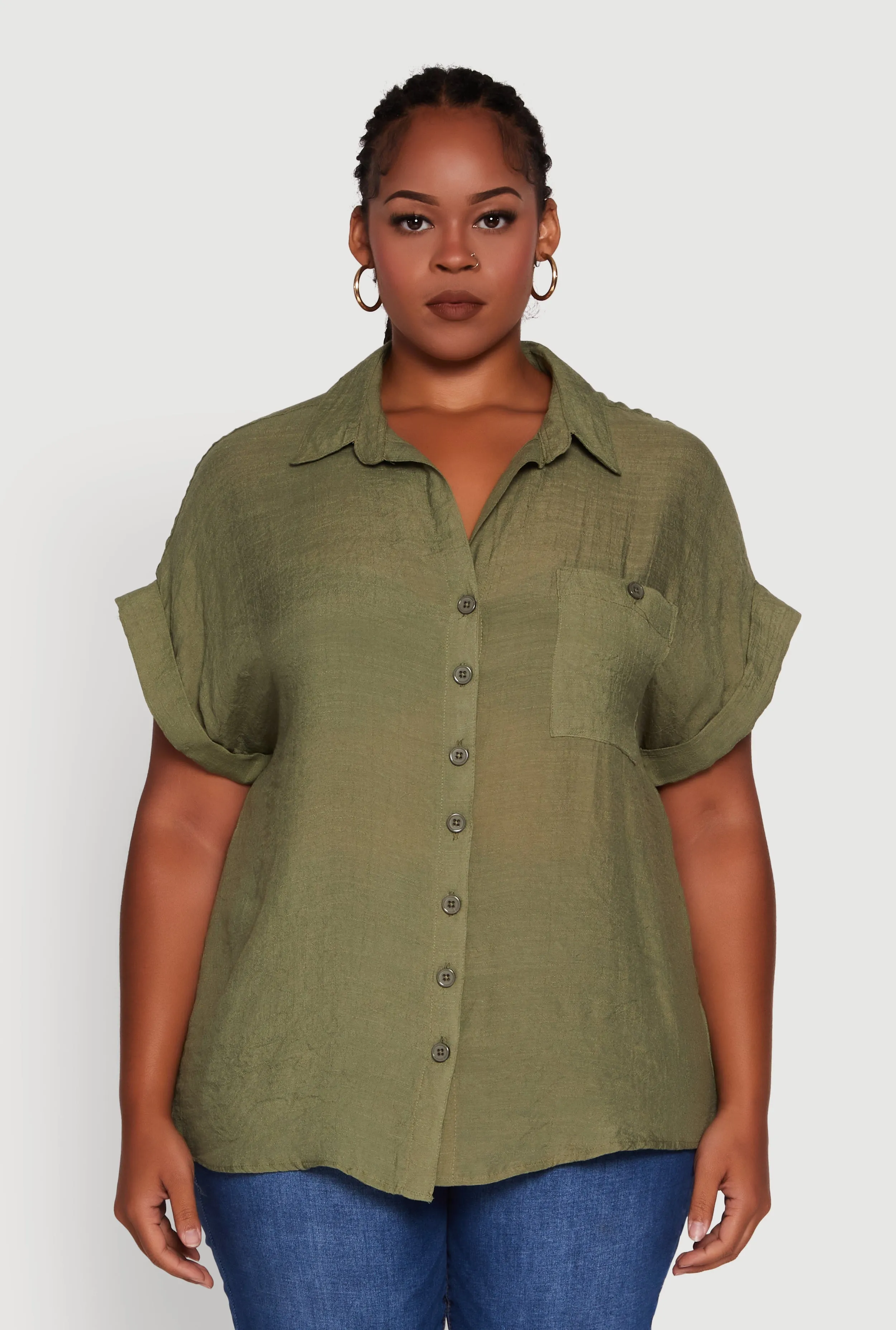 Plus Size Gauze Knit Button Front Dolman Sleeve Shirt sold by Rainbow product image thumbnail 2