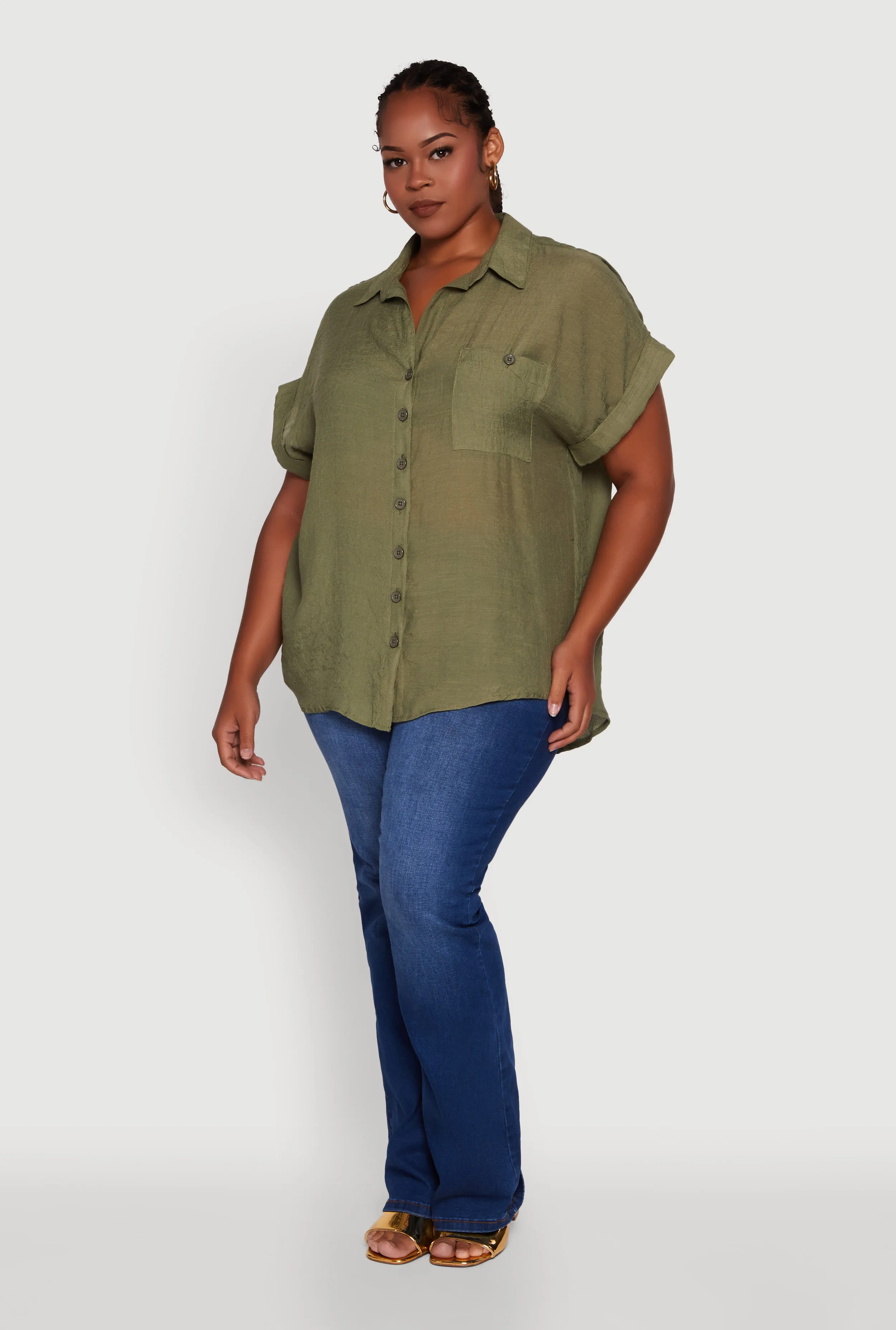 Plus Size Gauze Knit Button Front Dolman Sleeve Shirt sold by Rainbow