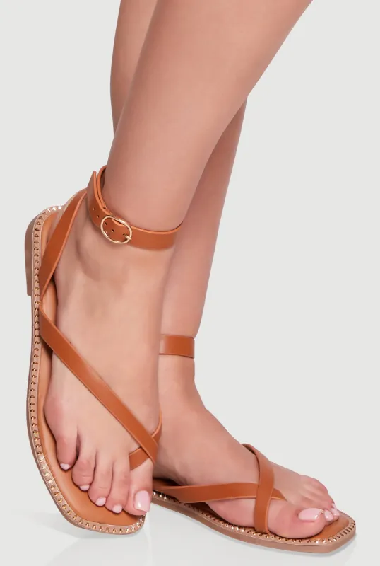 Strappy Toe Loop Studded Flat Sandals sold by Rainbow
