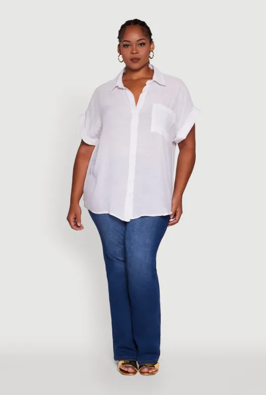 Plus Size Gauze Knit Button Front Dolman Sleeve Shirt sold by Rainbow