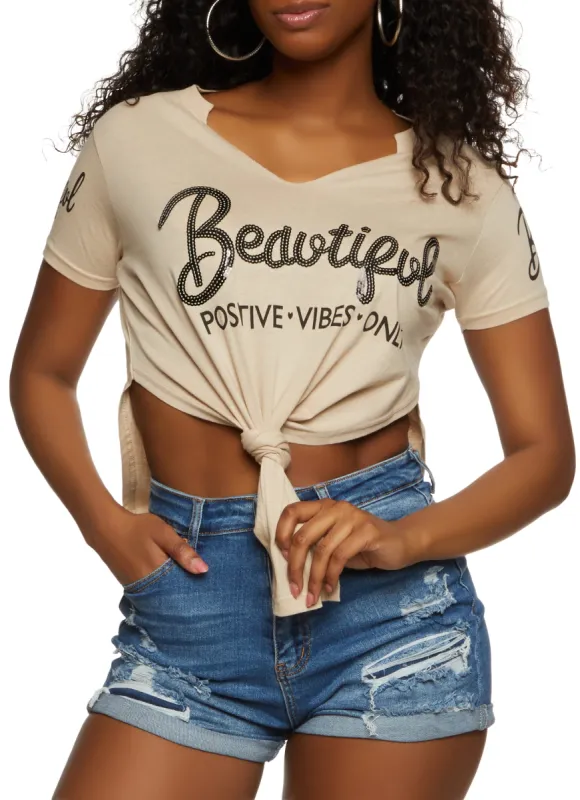 Sequin Beautiful Positive Vibes Only Knot Tee sold by Rainbow
