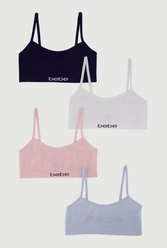Girls Rhinestone Bebe Graphic Bras 4 Pack sold by Rainbow