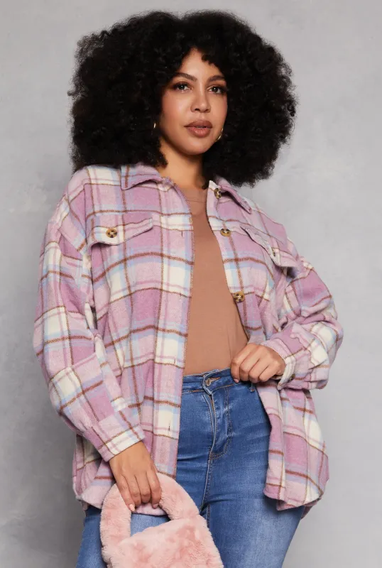 Plus Size Spoon Jeans Plaid Brushed Knit Shacket sold by Rainbow