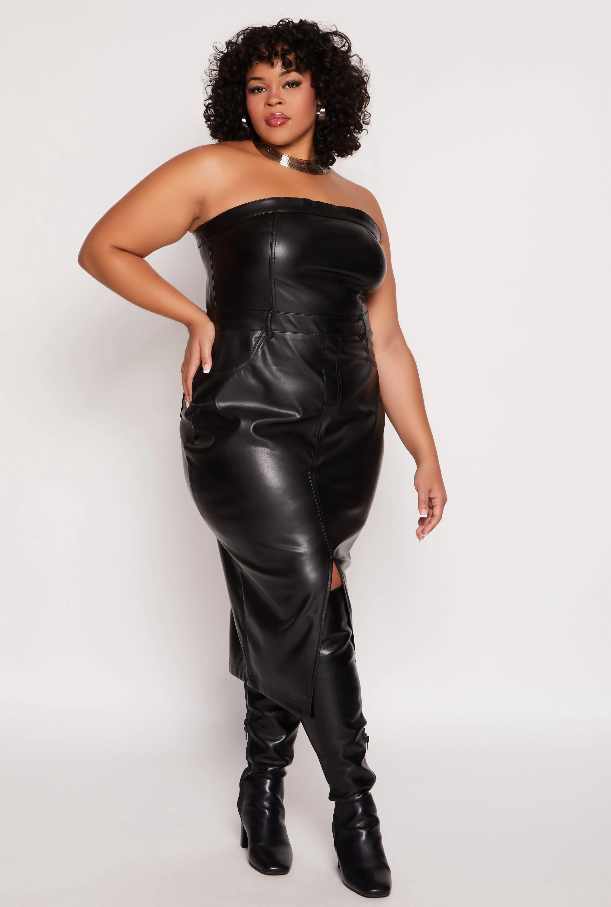 Plus Size Faux Leather Strapless Midi Dress sold by Rainbow