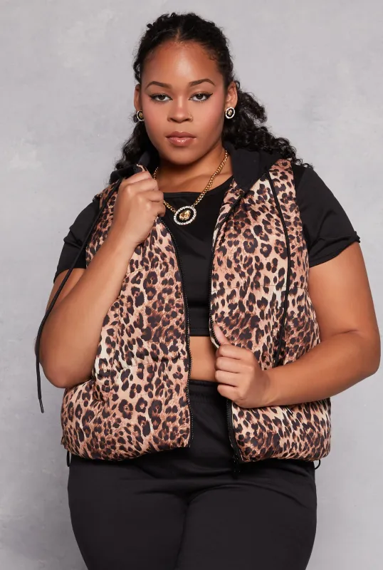 Plus Size Almost Famous Patterned Hooded Puffer Vest sold by Rainbow