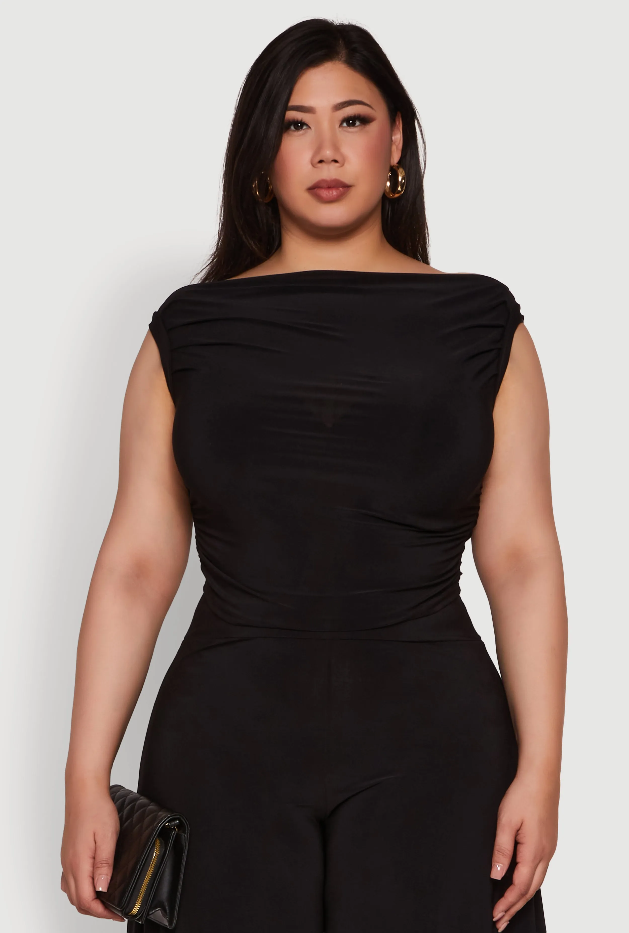 Plus Size Chic Sleeveless Boat Neck Top with Ruching and Cropped Hem sold by Rainbow