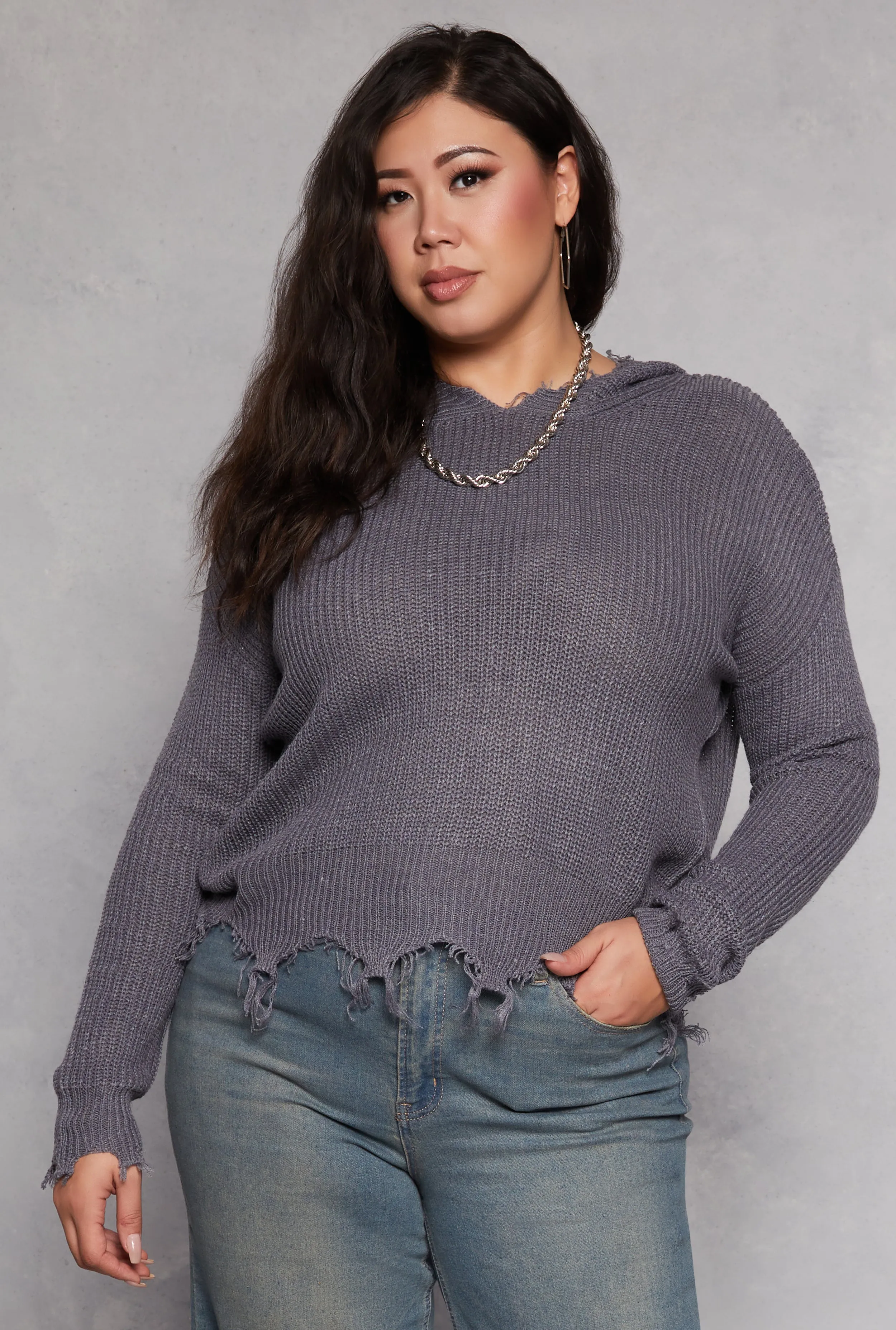 Plus Size Distressed Pullover Hooded Sweater sold by Rainbow product image thumbnail 2
