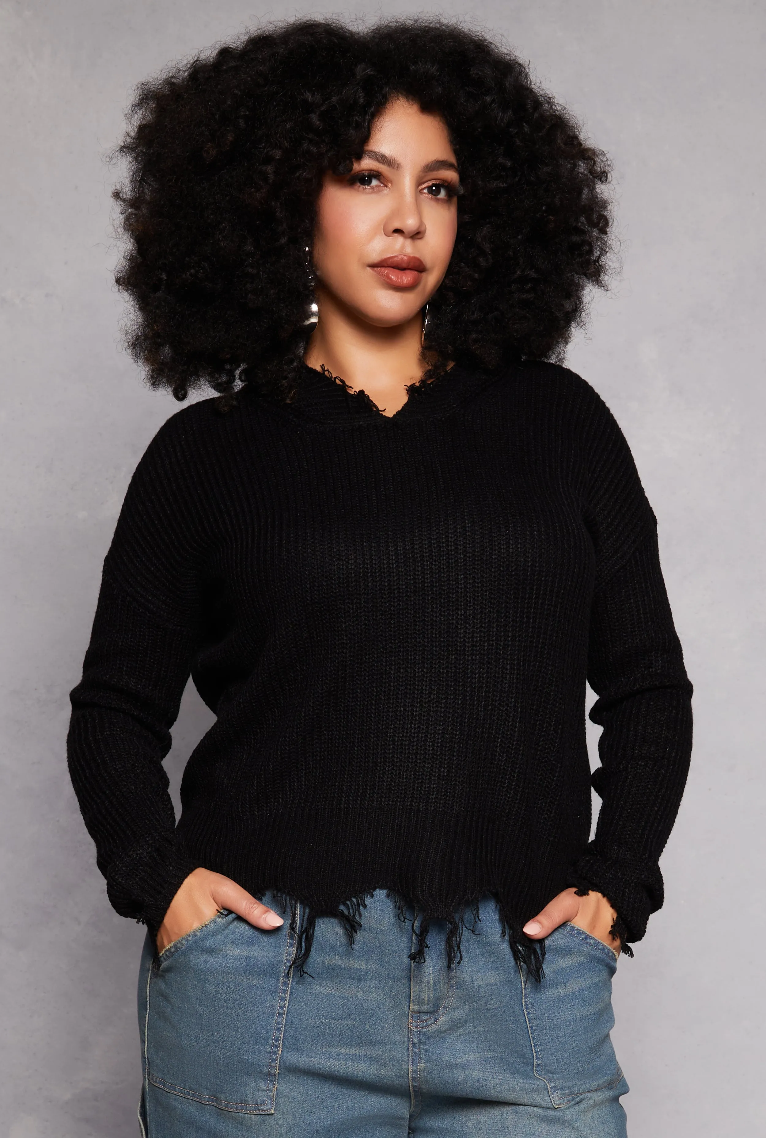 Plus Size Distressed Pullover Hooded Sweater sold by Rainbow